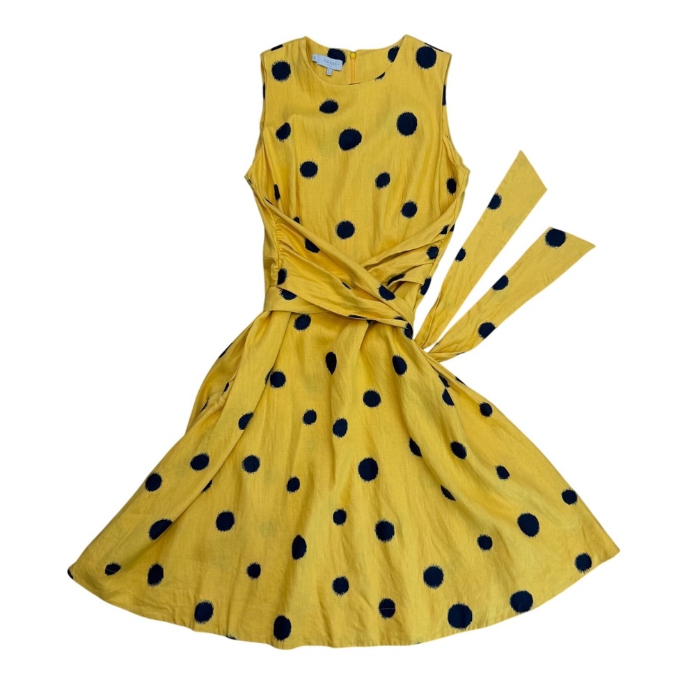 Hobbs London Carina twitchill Yellow Linen Polka Dot Tie Waist Dress 10 Preppy - Picture 2 of 7